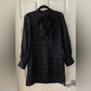 - Jenny Han Silk Dress Jet Black Half Button Ruffle Front Dress,  Lined M